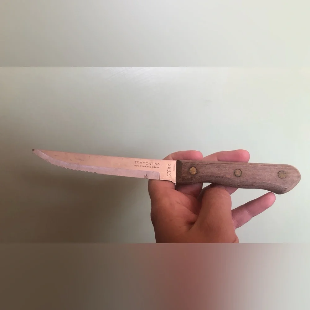 Vintage TRAMONTINA Stainless Steel Brazil Serrated Steak Knife Wood Handle